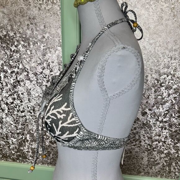 Loco Boutique Dark Gray Coral Pattern Ruffle Triangle Bikini Top Size Medium - Picture 4 of 9